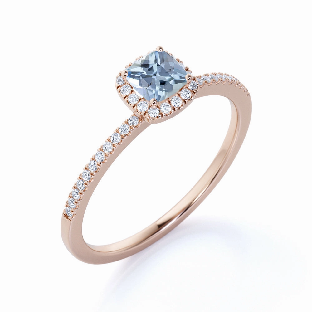 standalone piece 1 ct Cushion Aquamarine Halo Pave Engagement Ring