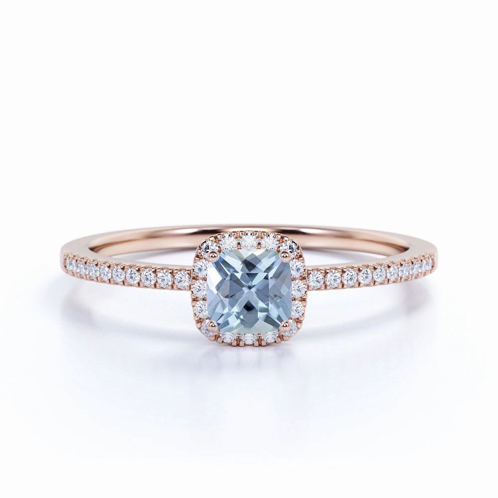 1 ct Cushion Aquamarine Halo Pave Engagement Ring Showcase Piece Presentation Box