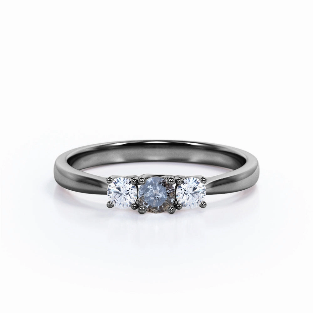 Unique Detail Brilliant Piece Three Stone 0.40 Ct Round Salt and Pepper Diamond Engagement Ring