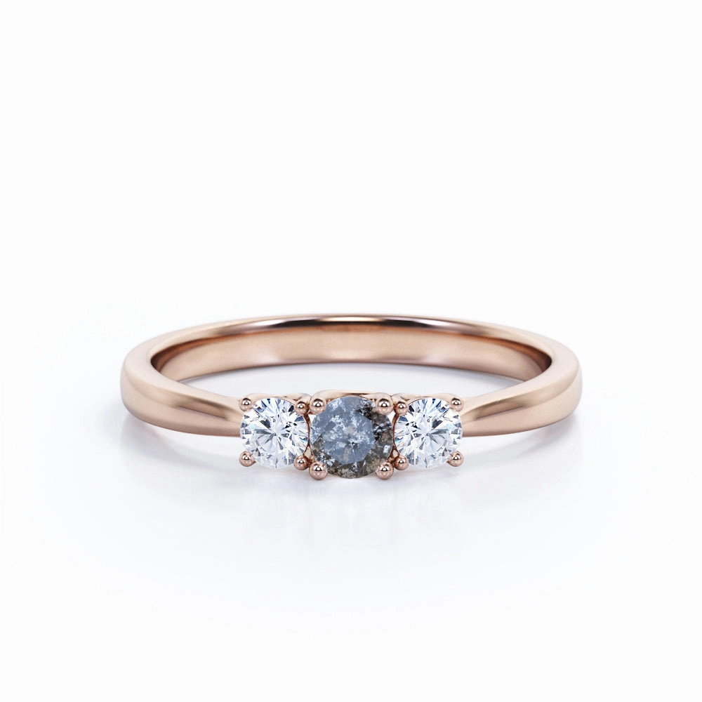 Three Stone 0.40 Ct Round Salt and Pepper Diamond Engagement Ring Birthday Surprise Smooth Finish