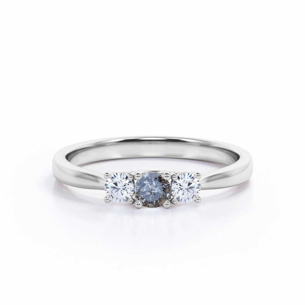 Three Stone 0.40 Ct Round Salt and Pepper Diamond Engagement Ring Event Accent Minimalist Keepsake