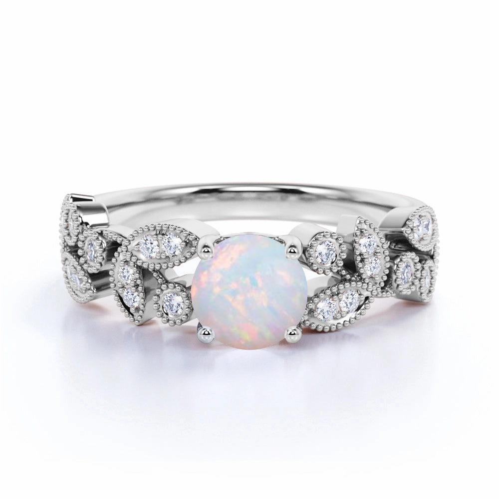 Budget Object Floral 1.50 Carat Round Galaxy Opal and Diamond Antique Leaf Engagement Ring in Rose Gold
