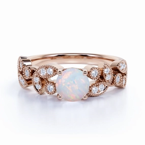 Floral 1.50 Carat Round Galaxy Opal and Diamond Antique Leaf Engagement Ring in Rose Gold National Symbol Exquisite Look