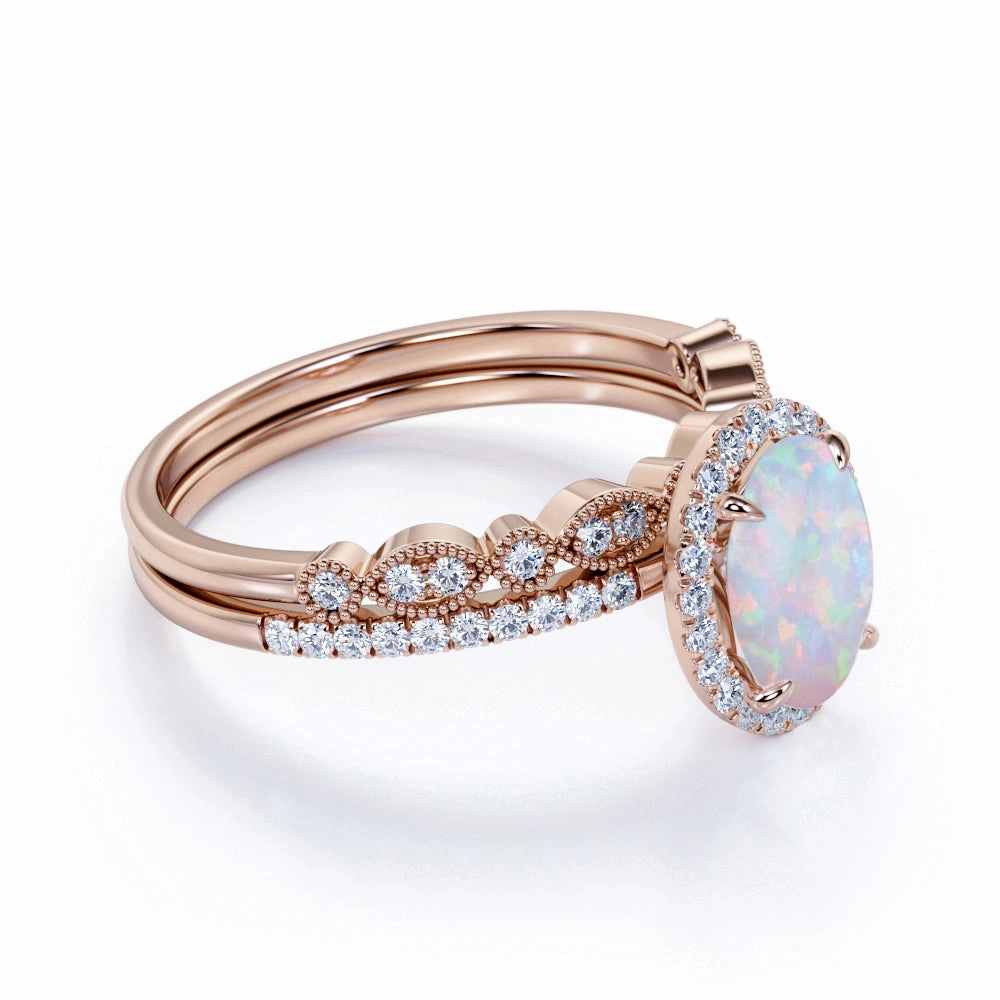 Holiday look Amazing Art Cluster 1.75 Carat Oval Cut Fire Opal and Diamond Halo Bridal Set with Art Deco Band in Rose Gold