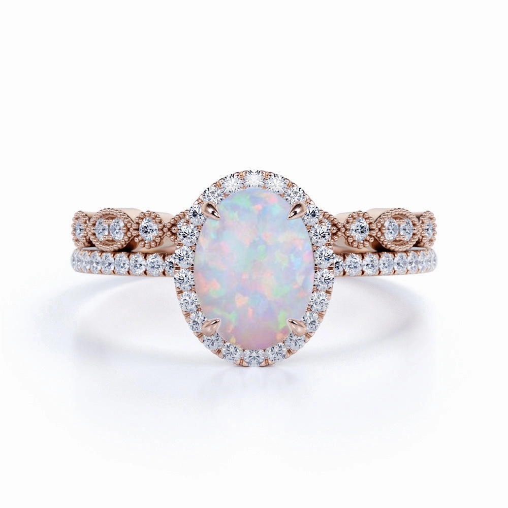Shiny Style Classic Item Cluster 1.75 Carat Oval Cut Fire Opal and Diamond Halo Bridal Set with Art Deco Band in Rose Gold