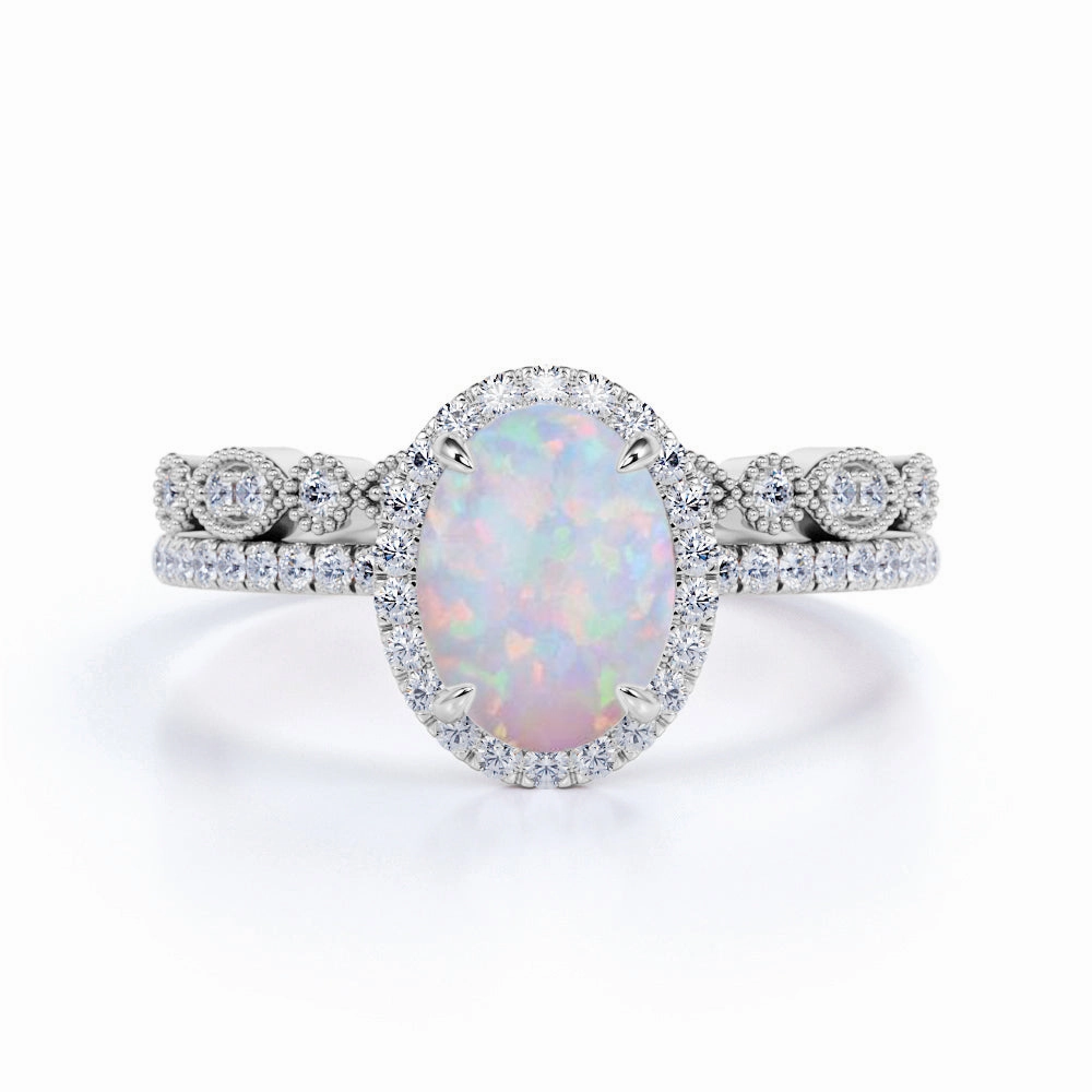 His Present Cluster 1.75 Carat Oval Cut Fire Opal and Diamond Halo Bridal Set with Art Deco Band in Rose Gold