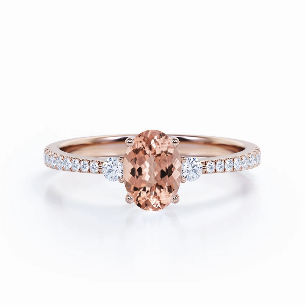 3 Stone 1.60 ct Oval Brown Pink Morganite Engagement Ring Ornate Trinket Creative Symbol
