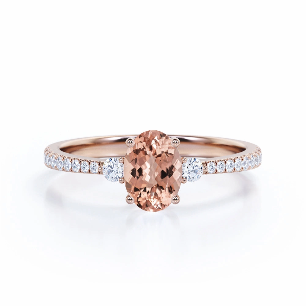 Spring Trend 3 Stone 1.60 ct Oval Brown Pink Morganite Engagement Ring