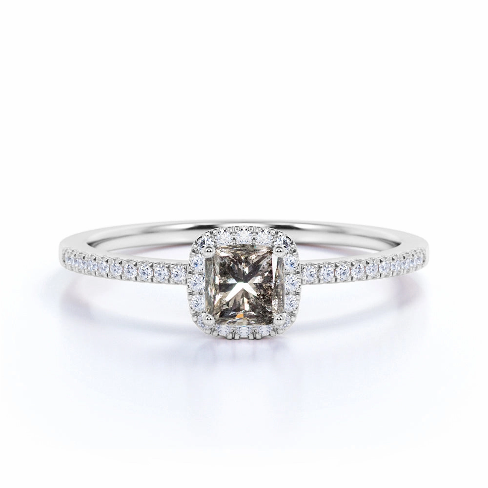 Understated Mood Halo 1 Ct Princess Salt and Pepper Diamond Engagement Ring