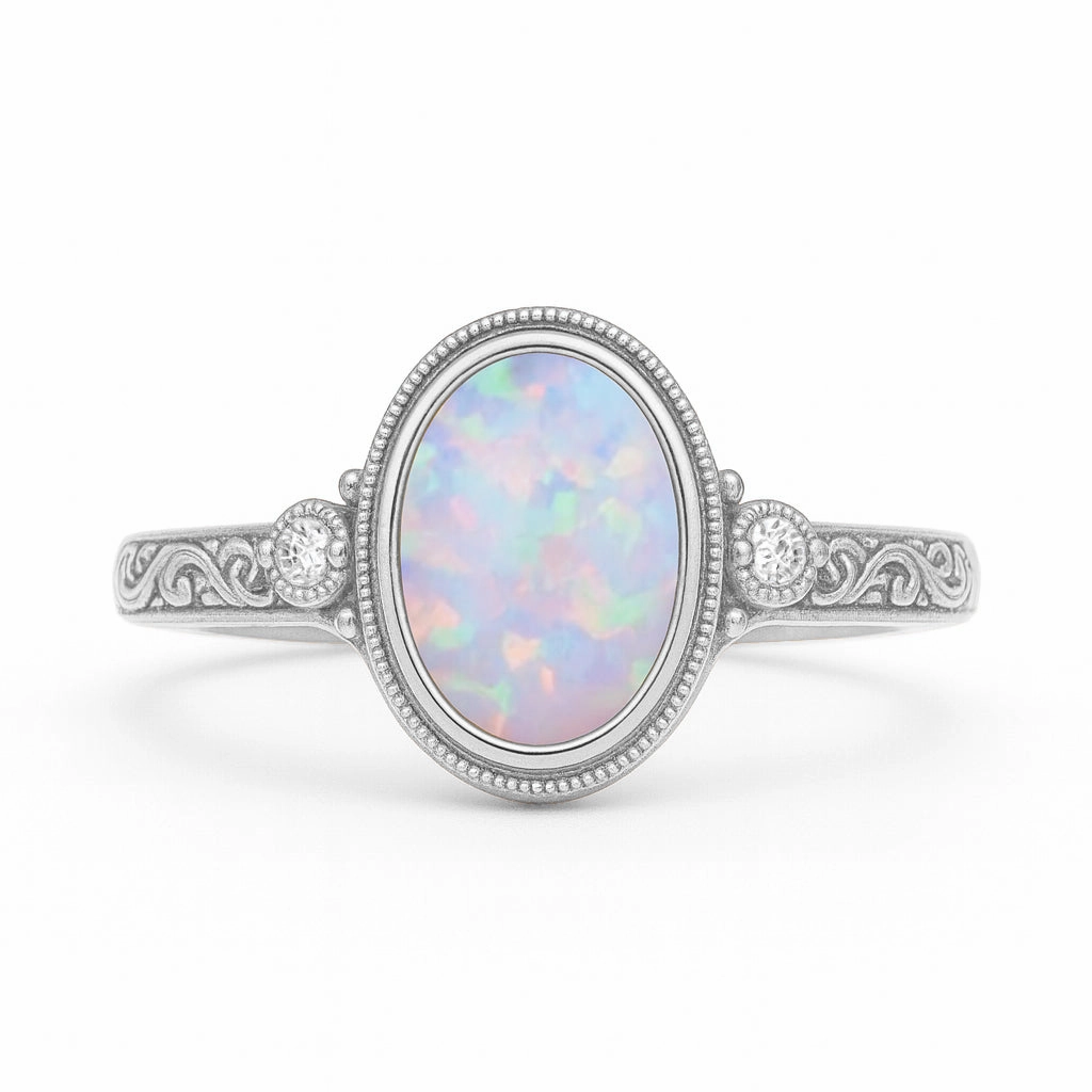Affordable Adornment Ornate Jewelry Antique 1.05 Ct Oval Cut Lab Created Opal Engagement Ring