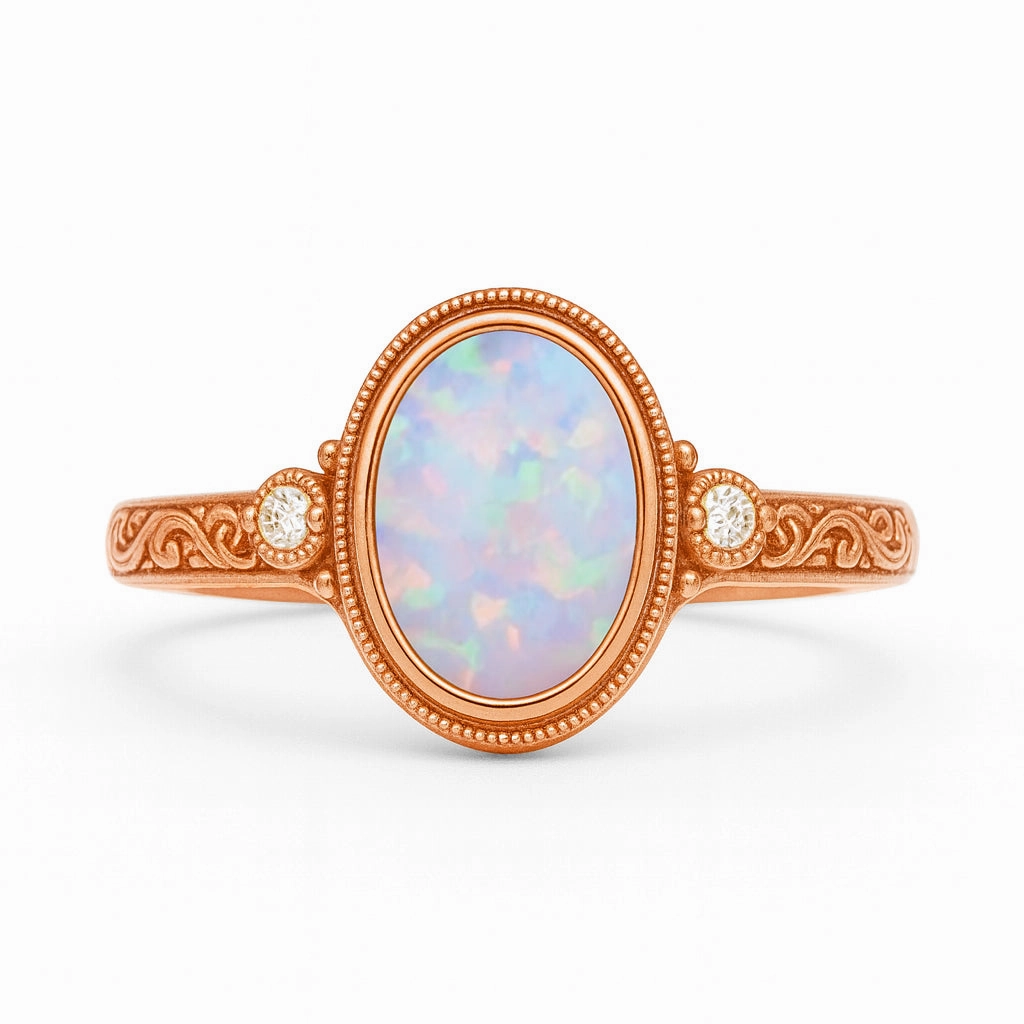 Antique 1.05 Ct Oval Cut Lab Created Opal Engagement Ring Handcrafted Item Natural Fit
