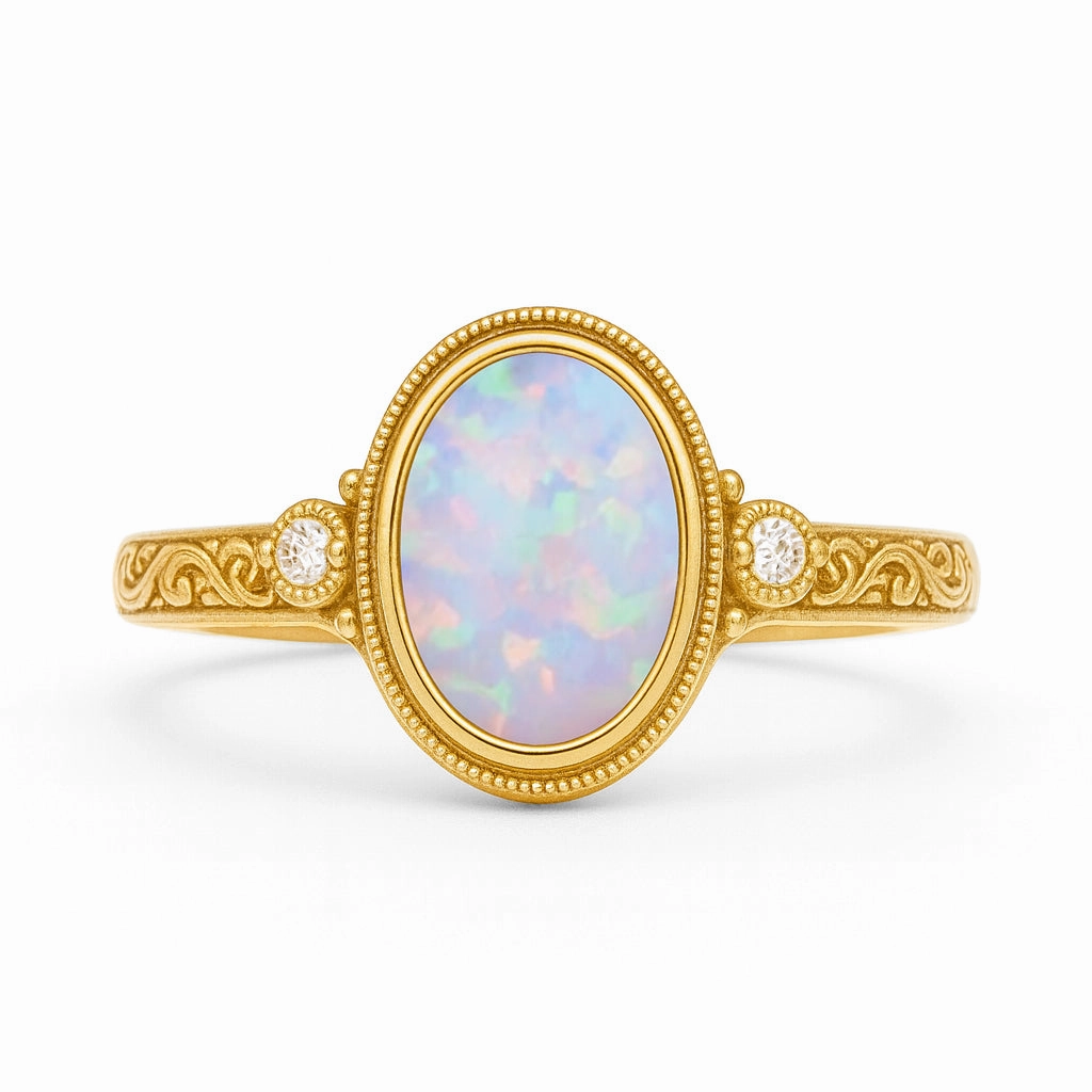 HighEnd Adornment Antique 1.05 Ct Oval Cut Lab Created Opal Engagement Ring