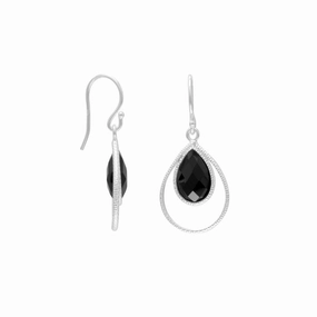 Party Accent Ornate Look Black Onyx Drop Earrings Teardrop Shape Sterling Silver