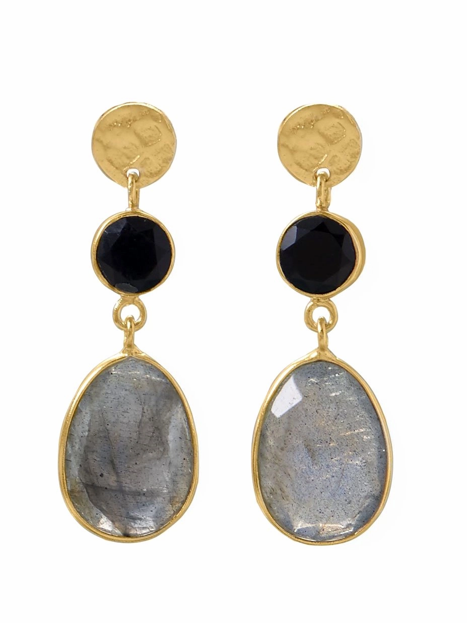 Summer Trinket Comfortable Piece Labradorite and Black Onyx Earrings Gold-plated Silver Disk Post Dangle