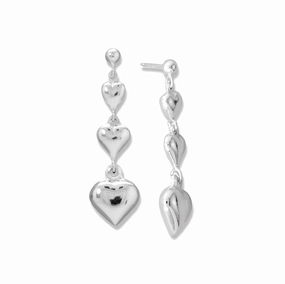 Polished Puffy Triple Drop Heart Earrings 3D Sterling Silver Luxurious Adornment Trendy Element