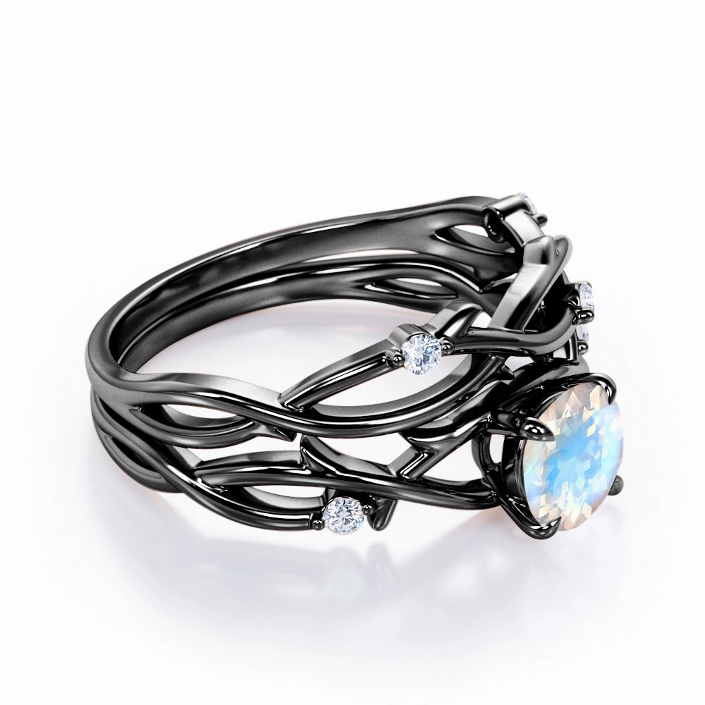 Heritage Gift 0.55 ct Round Moonstone Leaf Vine Bridal Ring Set