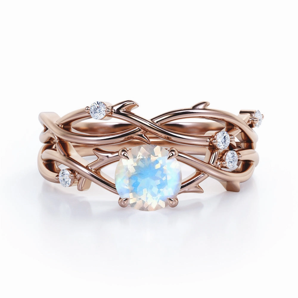 Modern Wear Quiet Style 0.55 ct Round Moonstone Leaf Vine Bridal Ring Set