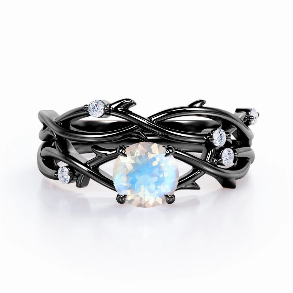 traditional style 0.55 ct Round Moonstone Leaf Vine Bridal Ring Set