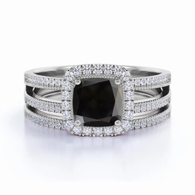 Future Use Polished Simplicity 2 ct Cushion Lab Black Diamond Split Shank Bridal Set