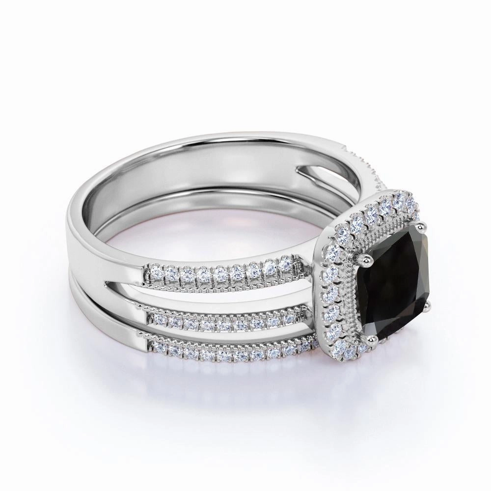 Fine Item Carbon Neutral 2 ct Cushion Lab Black Diamond Split Shank Bridal Set