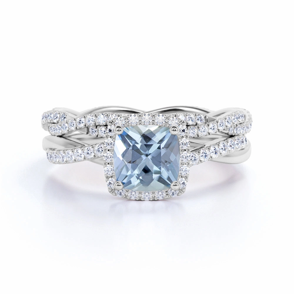 Delicate Look Unique Accessory Infinity 1.75 ct Cushion Aquamarine Halo Wedding Ring Set