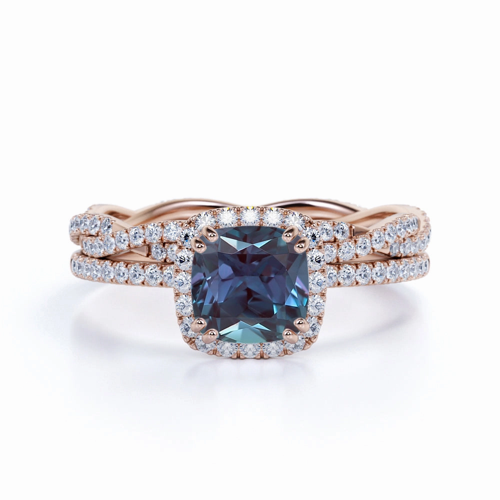 2 Ct Cushion Cut Lab Alexandrite Halo Bridal Set Luxury Token Clean Vibe