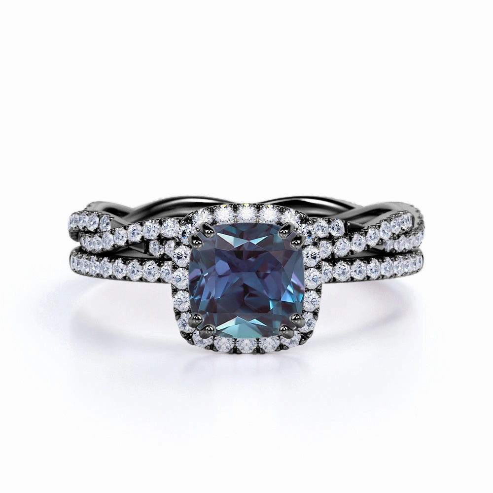2 Ct Cushion Cut Lab Alexandrite Halo Bridal Set Creative Accent