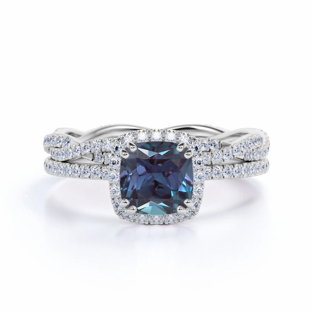 2 Ct Cushion Cut Lab Alexandrite Halo Bridal Set Finished Goods