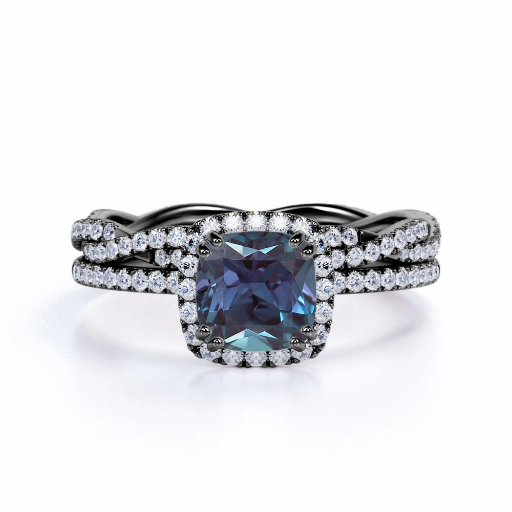 2 Ct Cushion Cut Lab Alexandrite Halo Bridal Set Youthful Accessory Work Style