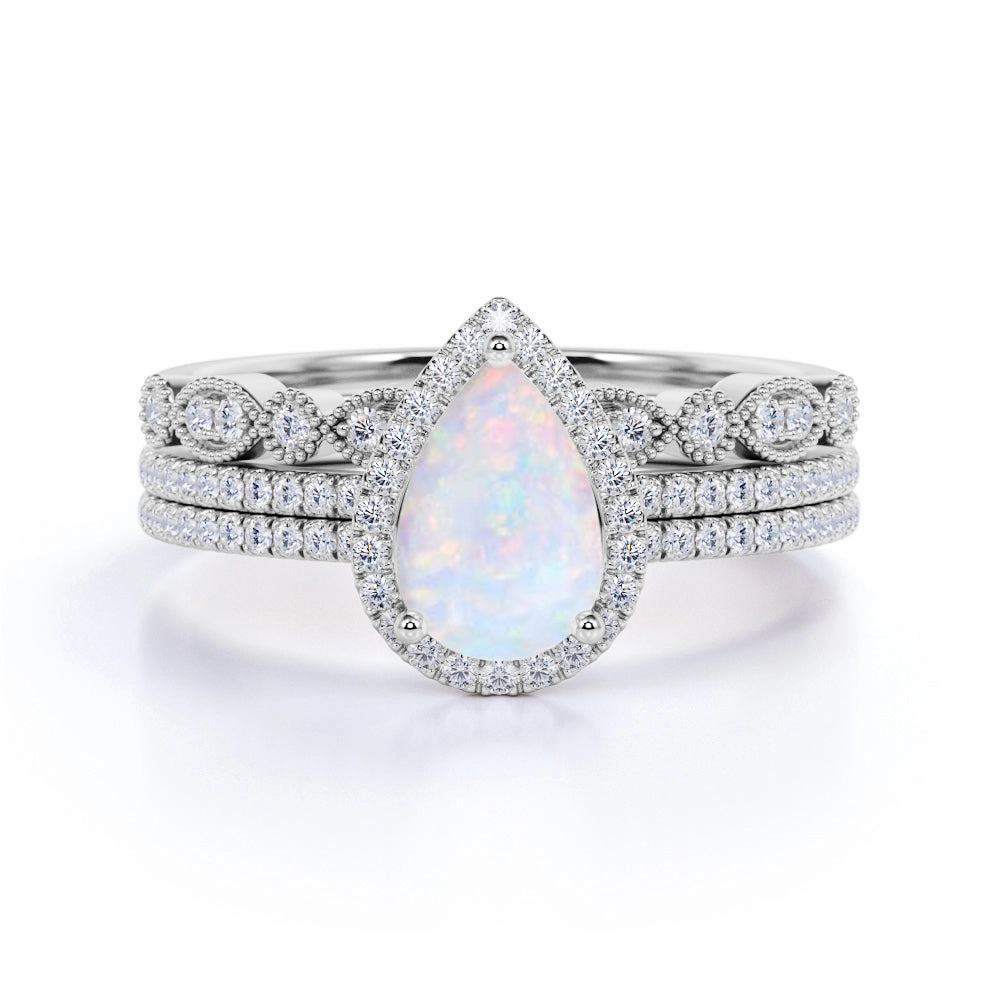 Vintage 2 Ct Pear Cut Lab Created Opal Trio Set Presentation Box Weekend Glam