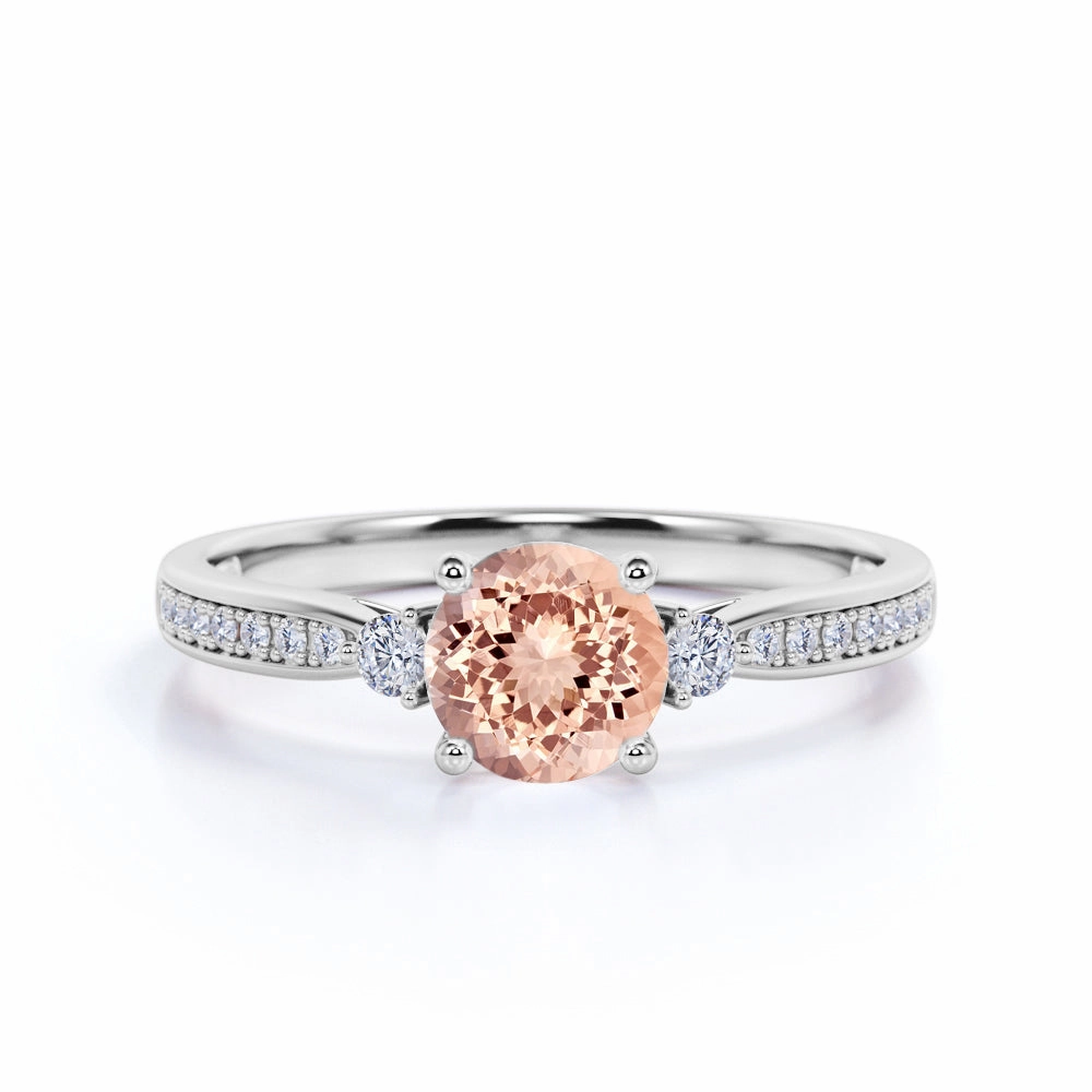 1.25 ct Round Peach Morganite Pave Engagement Ring Rainbow Hue Wonderful Design