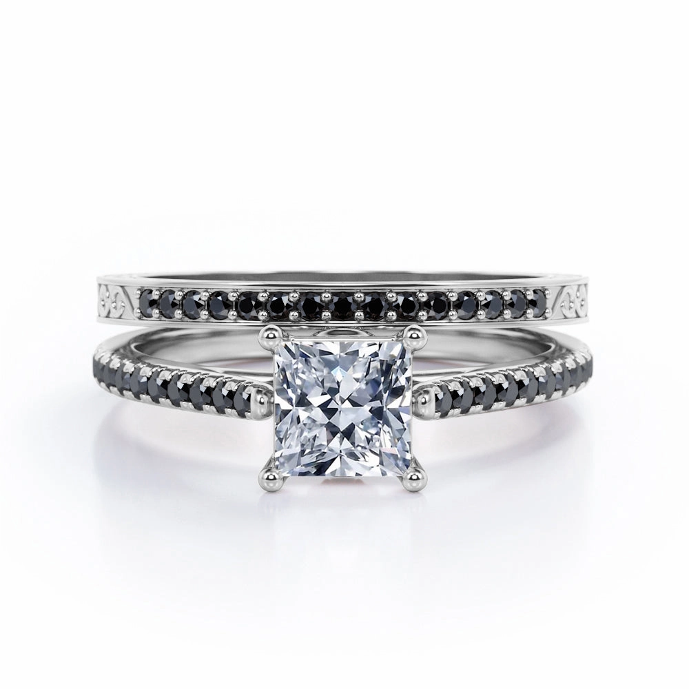 Classic Choice Art Deco Prong 0.65 TCW Princess Cut Diamond with Lab Created Black Diamond Bridal Set with Pave Accents in 10K White Gold