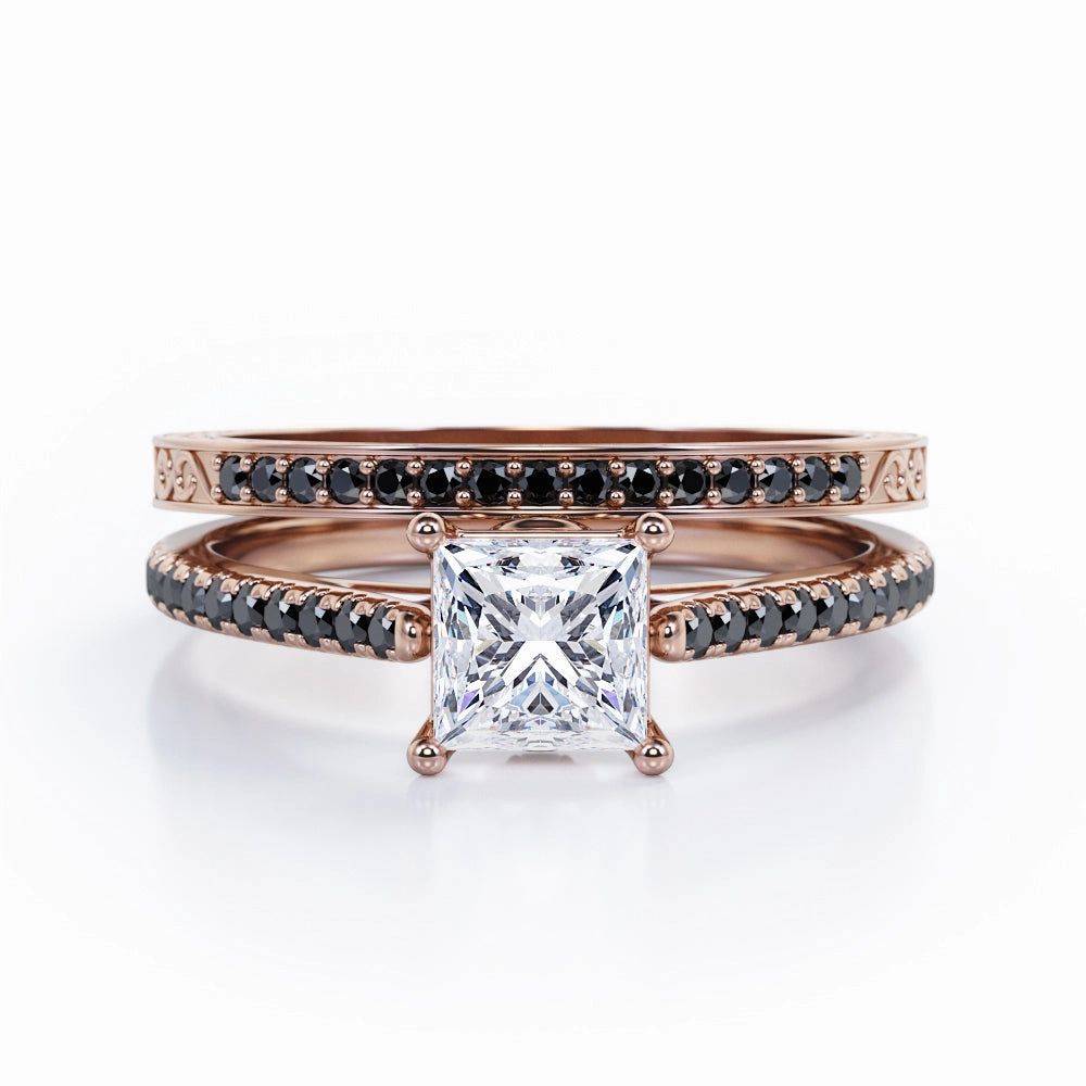 Art Deco Prong 0.65 TCW Princess Cut Diamond with Lab Created Black Diamond Bridal Set with Pave Accents in 10K White Gold Ornate Ornament Sweetheart Gift