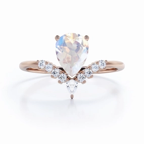 Beautiful Trinket 0.9 ct Pear Moonstone V shaped Engagement Ring