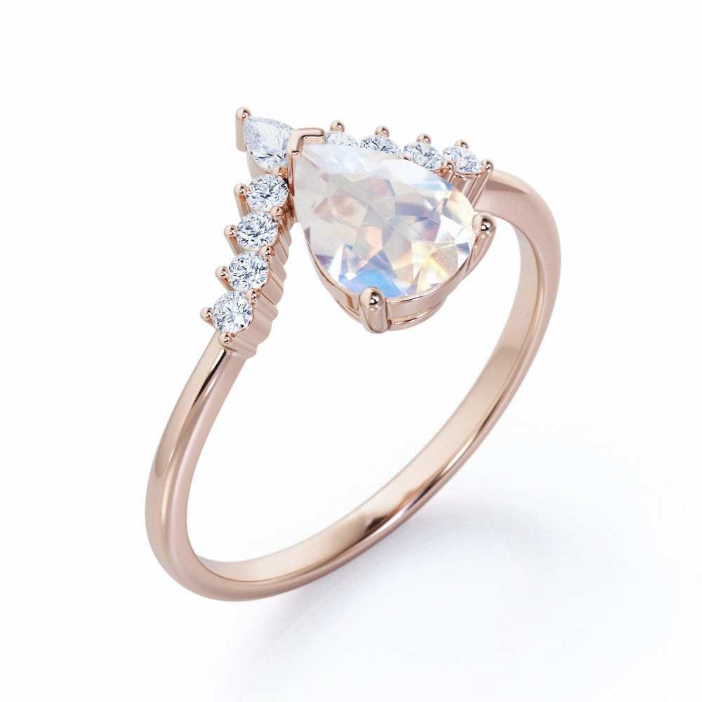 0.9 ct Pear Moonstone V shaped Engagement Ring Simple Token Minimalist Emblem