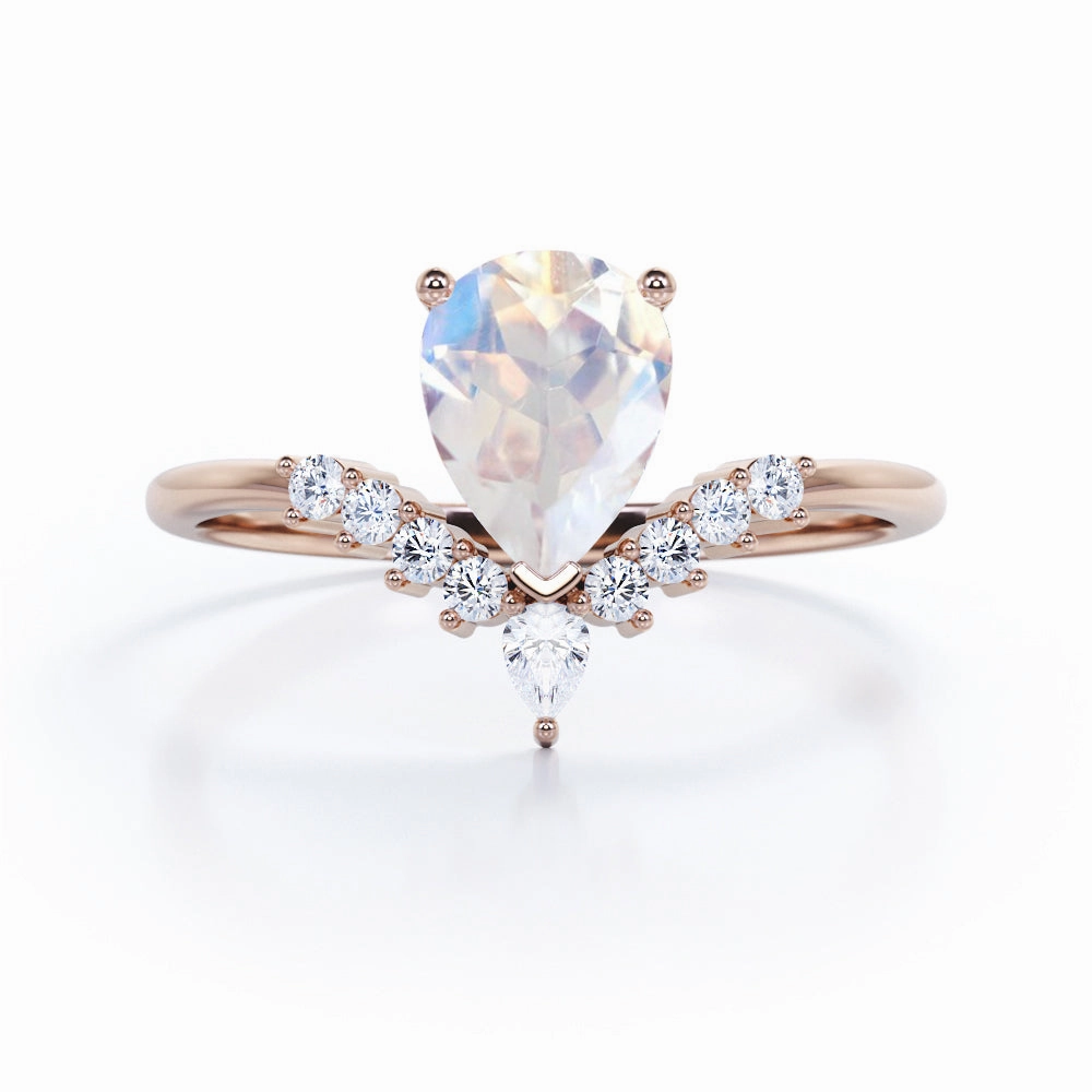 Wedding Gift 0.9 ct Pear Moonstone V shaped Engagement Ring