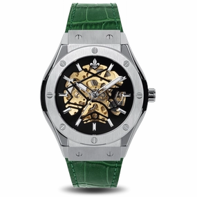 Prague Skeleton Automatic Deluxe - Silver   Green Leather Strap Modern Wear Smart Functionality