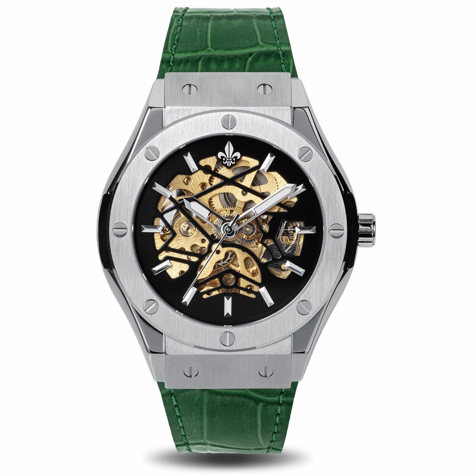 Prague Skeleton Automatic Deluxe - Silver   Green Leather Strap Precision Timepiece Fashion Statement