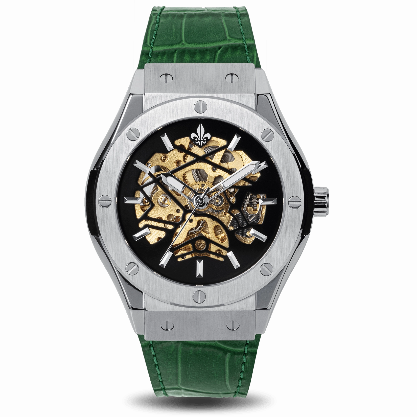 Prague Skeleton Automatic Deluxe - Silver   Green Leather Strap Modern Wear Smart Functionality