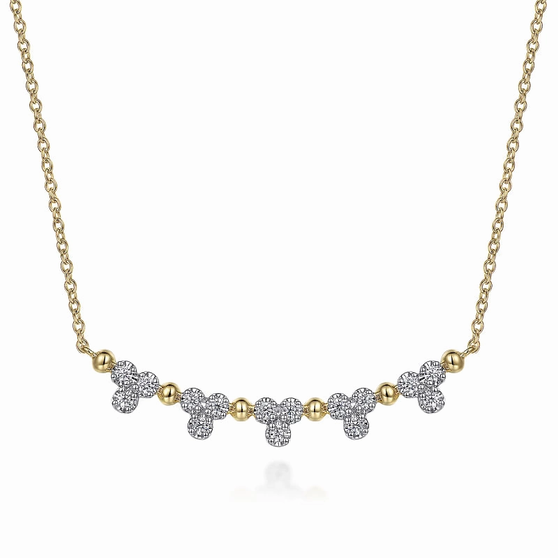 14K Yellow Gold Bujukan Bar Necklace with Diamond Trio Stations Floral Mood Stylish Pop