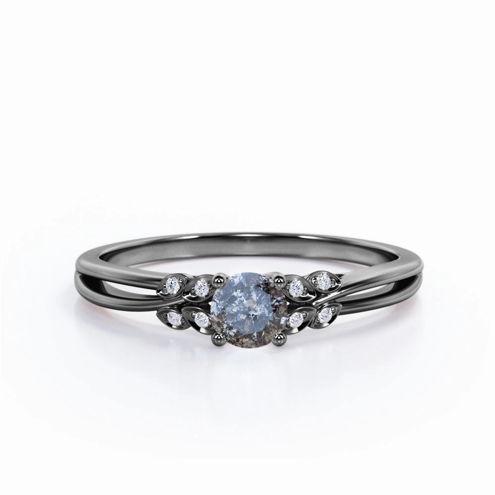 0.75 Ct Round Salt and Pepper Diamond Leaf Engagement Ring Stylish Insignia