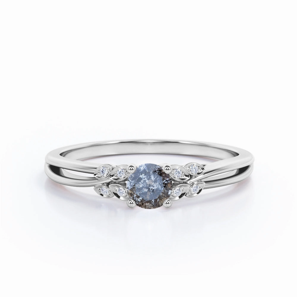 0.75 Ct Round Salt and Pepper Diamond Leaf Engagement Ring Any Occasion Sharp Angle