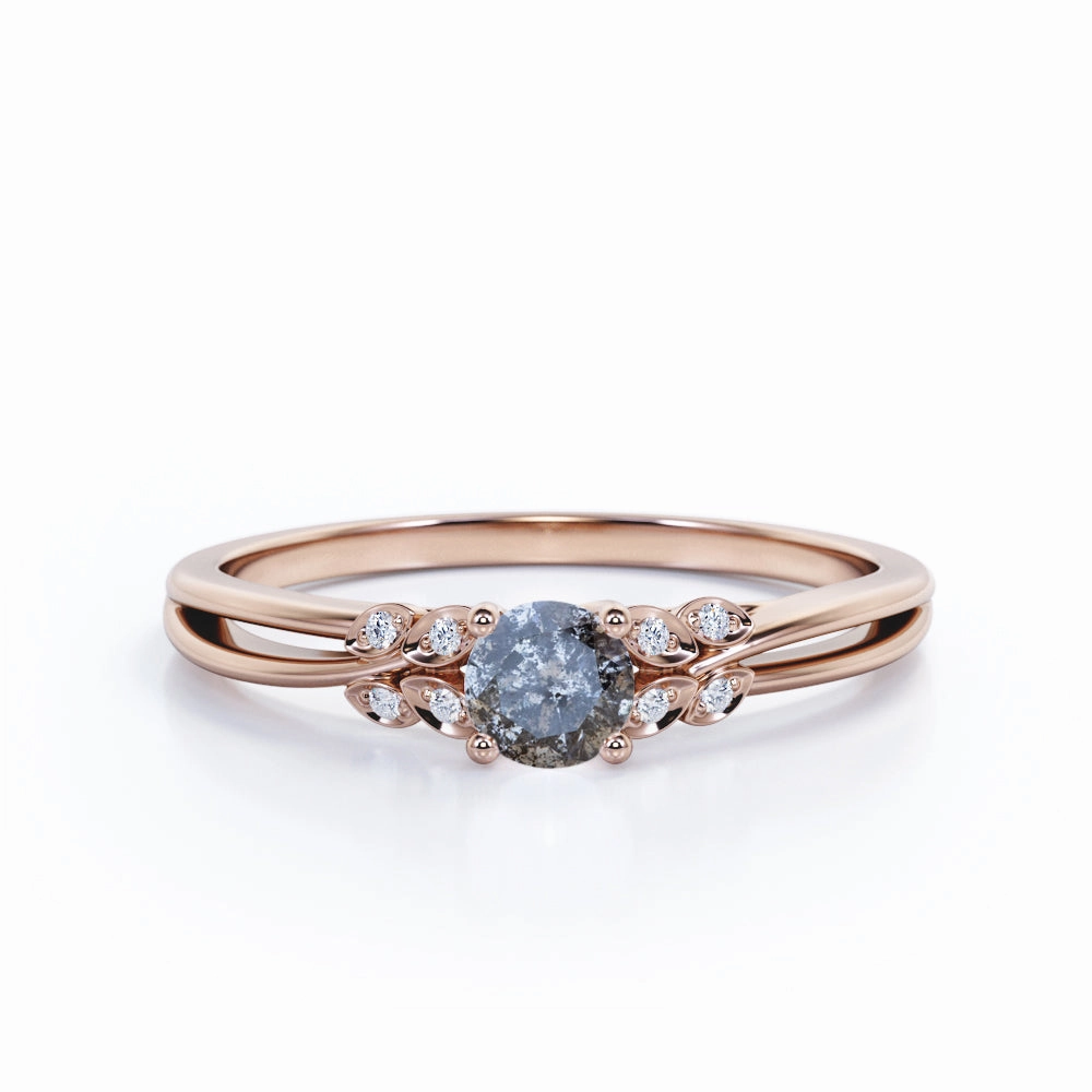 0.75 Ct Round Salt and Pepper Diamond Leaf Engagement Ring Neutral Look Daily Spark