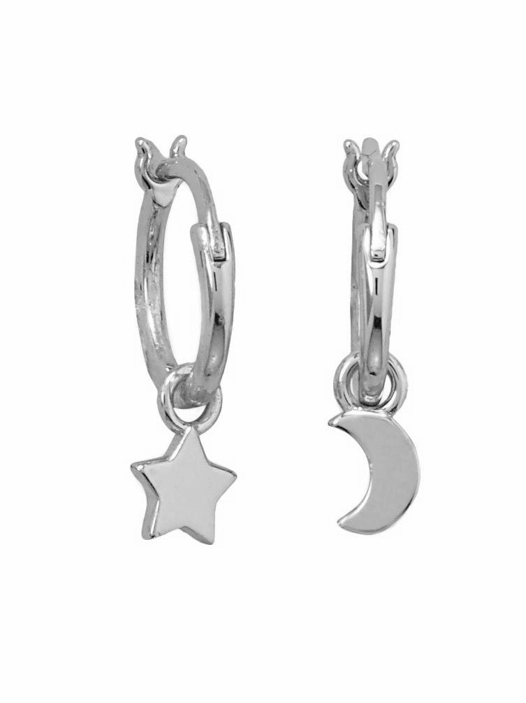 Hoop Earrings with Dangling Moon and Star Charms Sterling Silver Rustic Piece