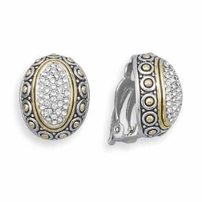 Simple Piece Clip-On Earrings Two-tone Gold and Sterling Silver Pave Cubic Zirconia Non-pierced