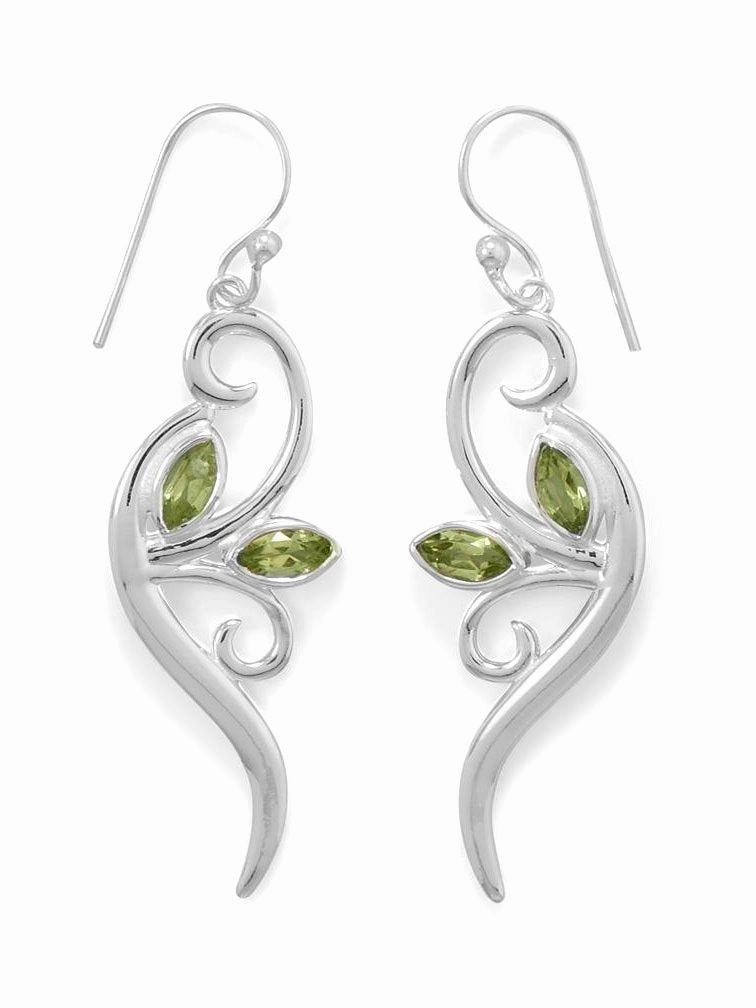 Sterling Silver Vine Leaf and Branch Earrings with Marquise Peridot Beautiful Appearance Winter Trinket