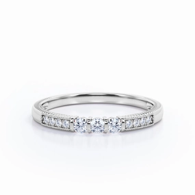 Fashion Look Opulent Design Beaded Dainty 0.50 Carat Round Cut Diamond Three Stone Vintage Engagement Ring In White Gold.