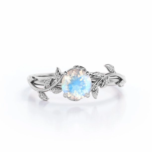 Personal Present 1 ct Round Rainbow Moonstone Leaf Engagement Ring