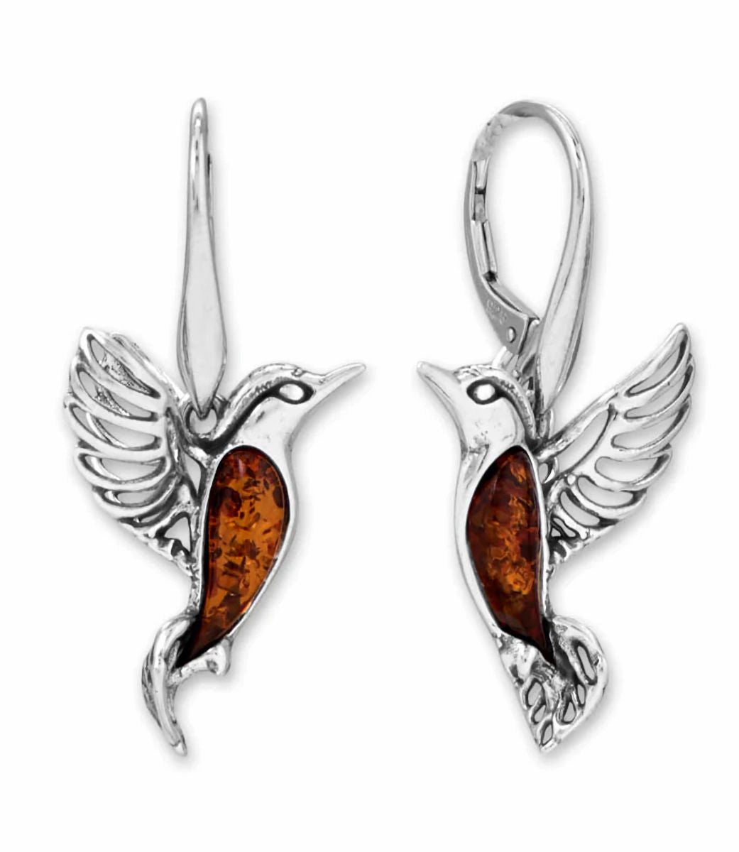 Baltic Amber Hummingbird Earrings Sterling Silver Chic Vibe
