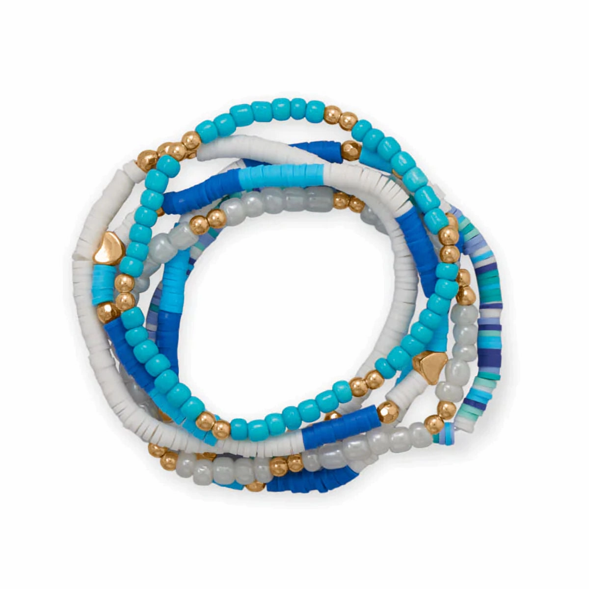 Elegant Decor Old-School Focus Friendship Stretch Bracelet Set of Six Blue White Gold Tone Beads